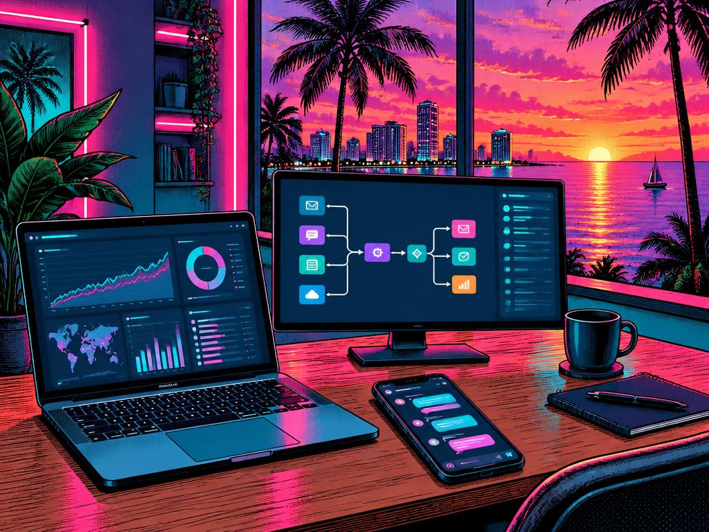 A Miami-inspired technology workspace with a laptop, phone and automation dashboard