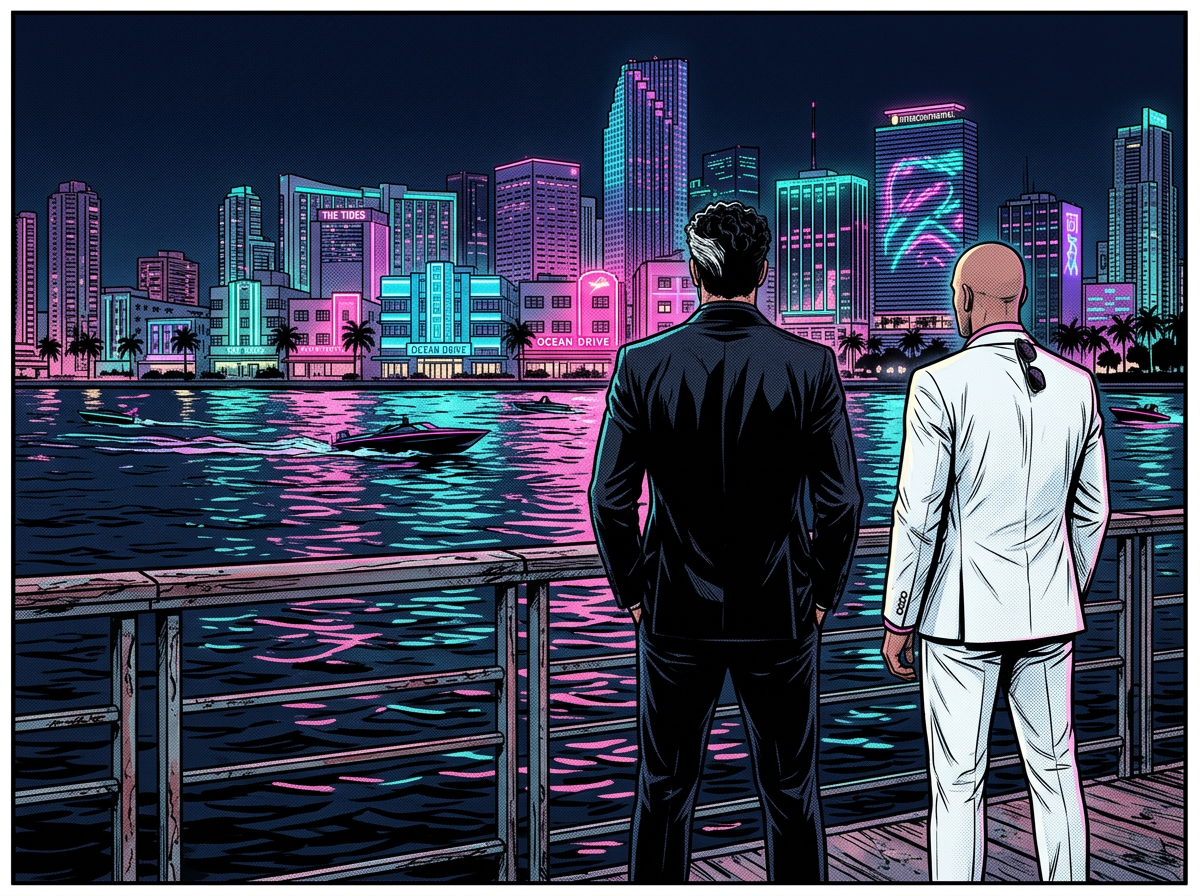 Robert and Daniel looking towards the illuminated Miami skyline at night