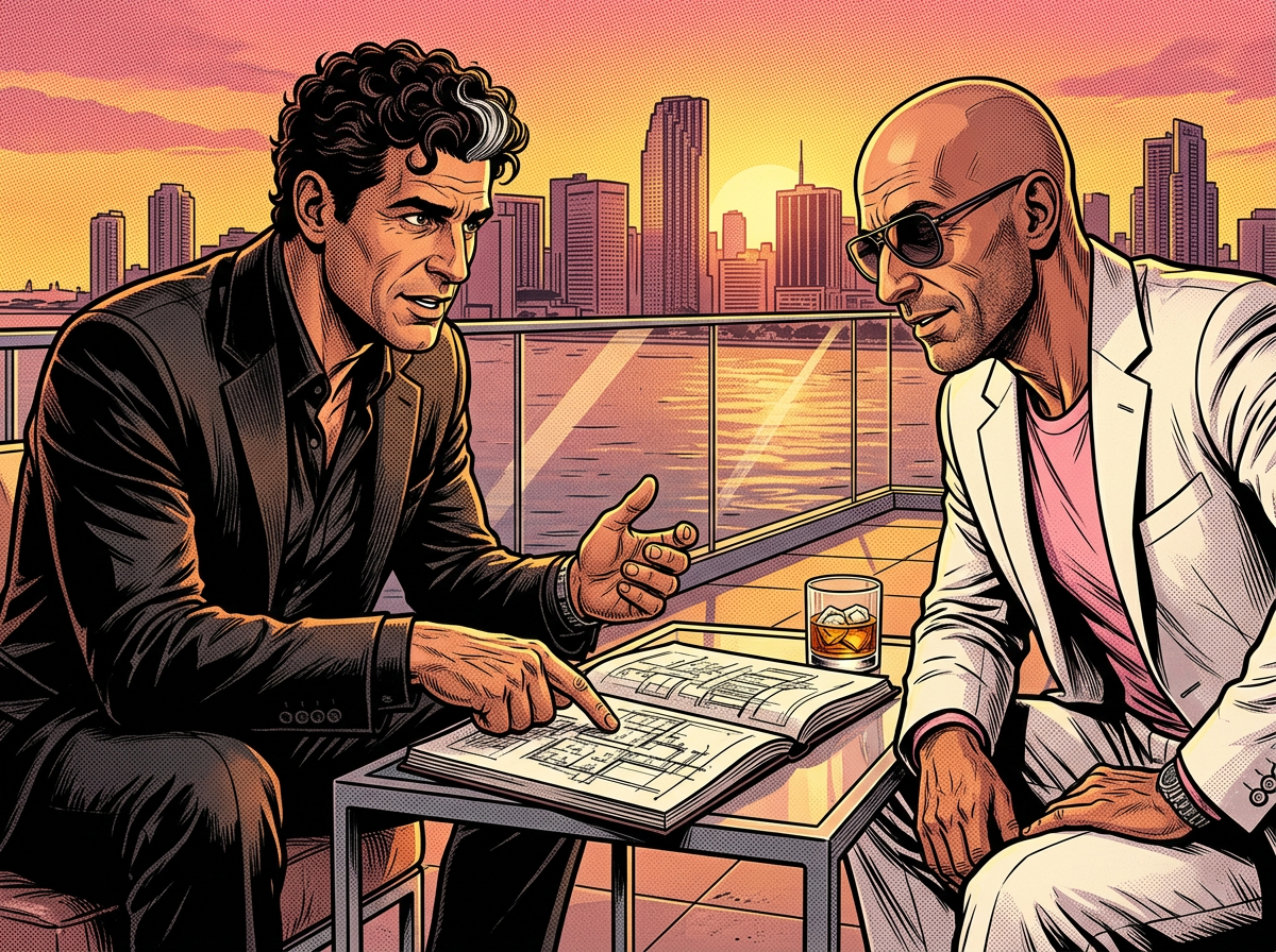 Robert and Daniel discussing a business idea on a rooftop overlooking Miami