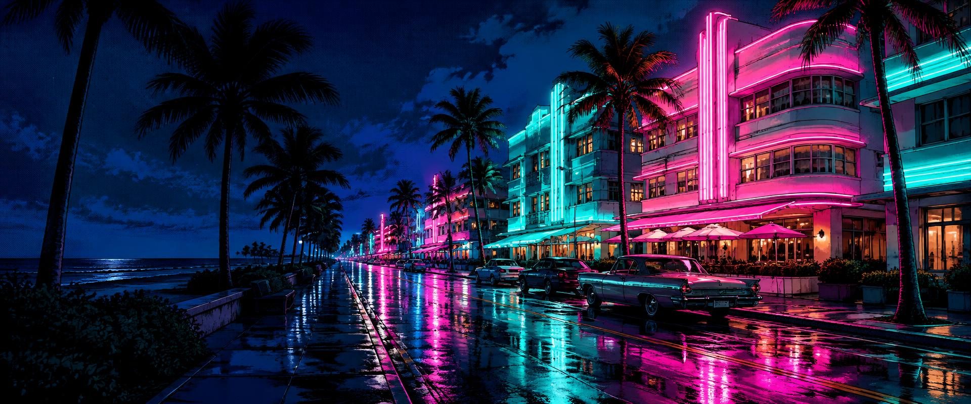 Ocean Drive in Miami at night glowing with pink and teal neon
