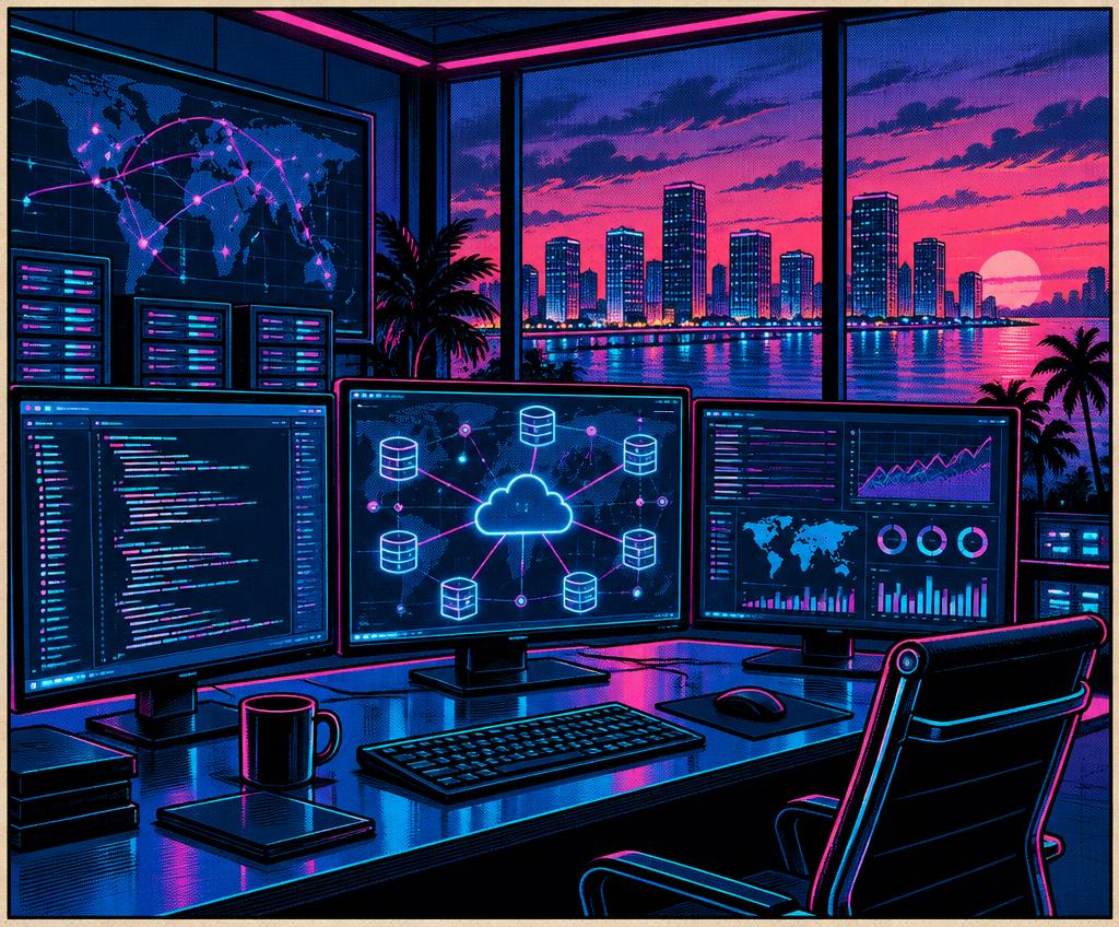 Software room with connected dashboards at a Miami dusk
