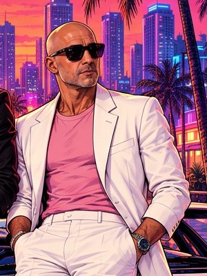 Daniel in his white suit, pink shirt and sunglasses
