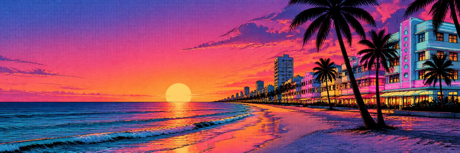 Miami Beach at sunset with palms and art deco hotels