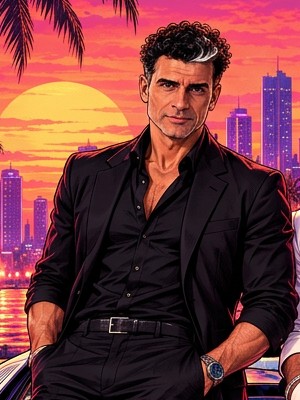 Robert in his all-black suit, curly dark hair with a silver streak