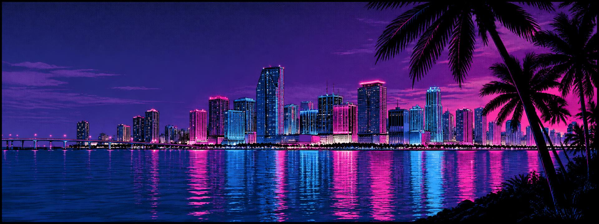 Miami skyline at night glowing pink and blue over the bay